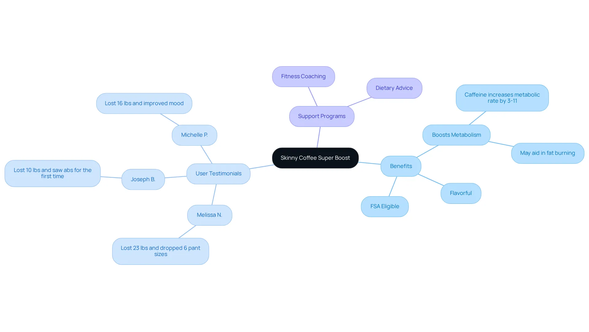 Start at the center with the product name, then explore branches that detail its benefits, real-life success stories, and additional support programs available to users.