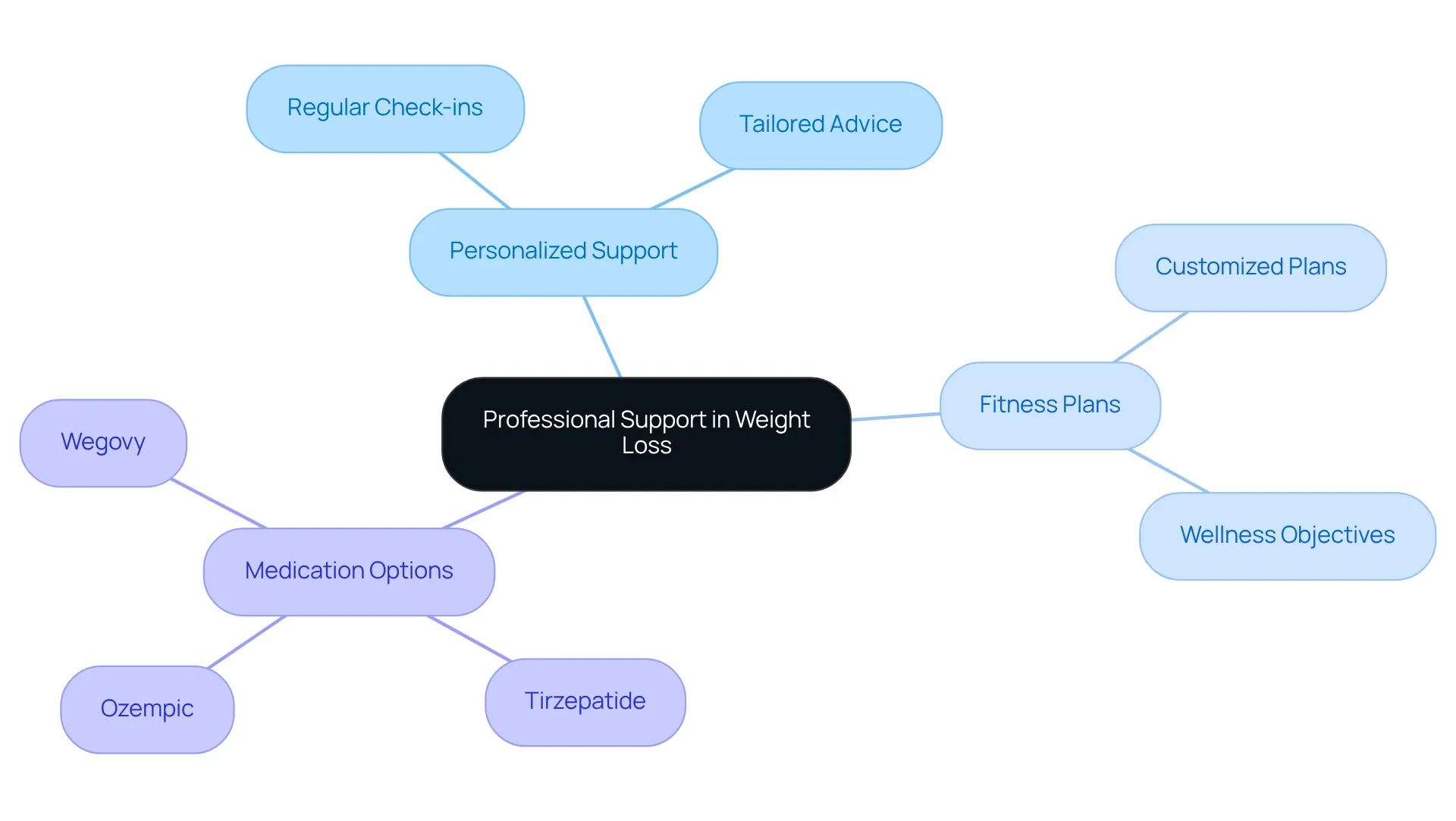 This mindmap shows how different forms of support contribute to your weight loss journey. Each branch represents an area of focus: personalized support helps keep you accountable, fitness plans guide your exercise, and medication options give you additional resources.