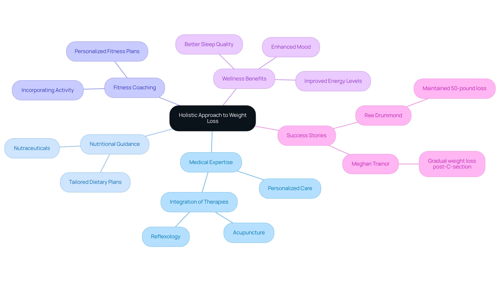 The central node represents the holistic weight loss strategy, and each branch shows an important aspect of the program. Sub-branches provide more details or examples, emphasizing the interconnectedness of the approach.